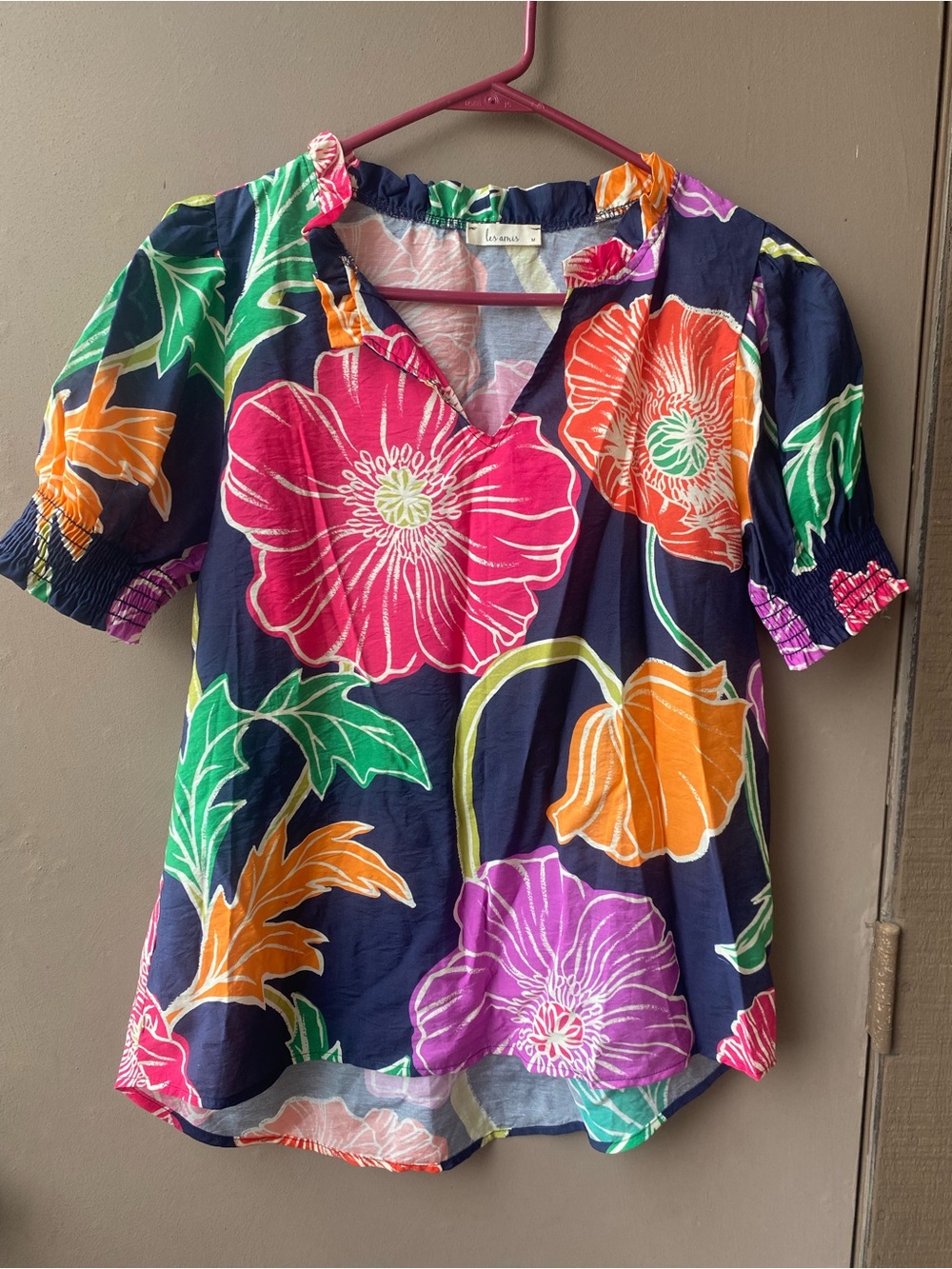 Les Amis Floral Split-Neck Tunic in Pink & Navy